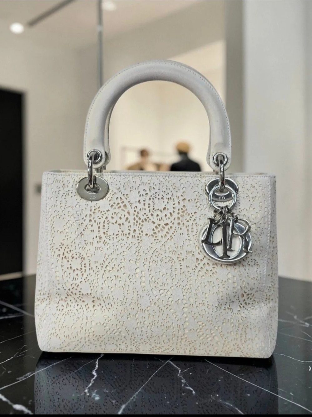 Dior White Laser-Cut Lady Dior Top Handle Bag